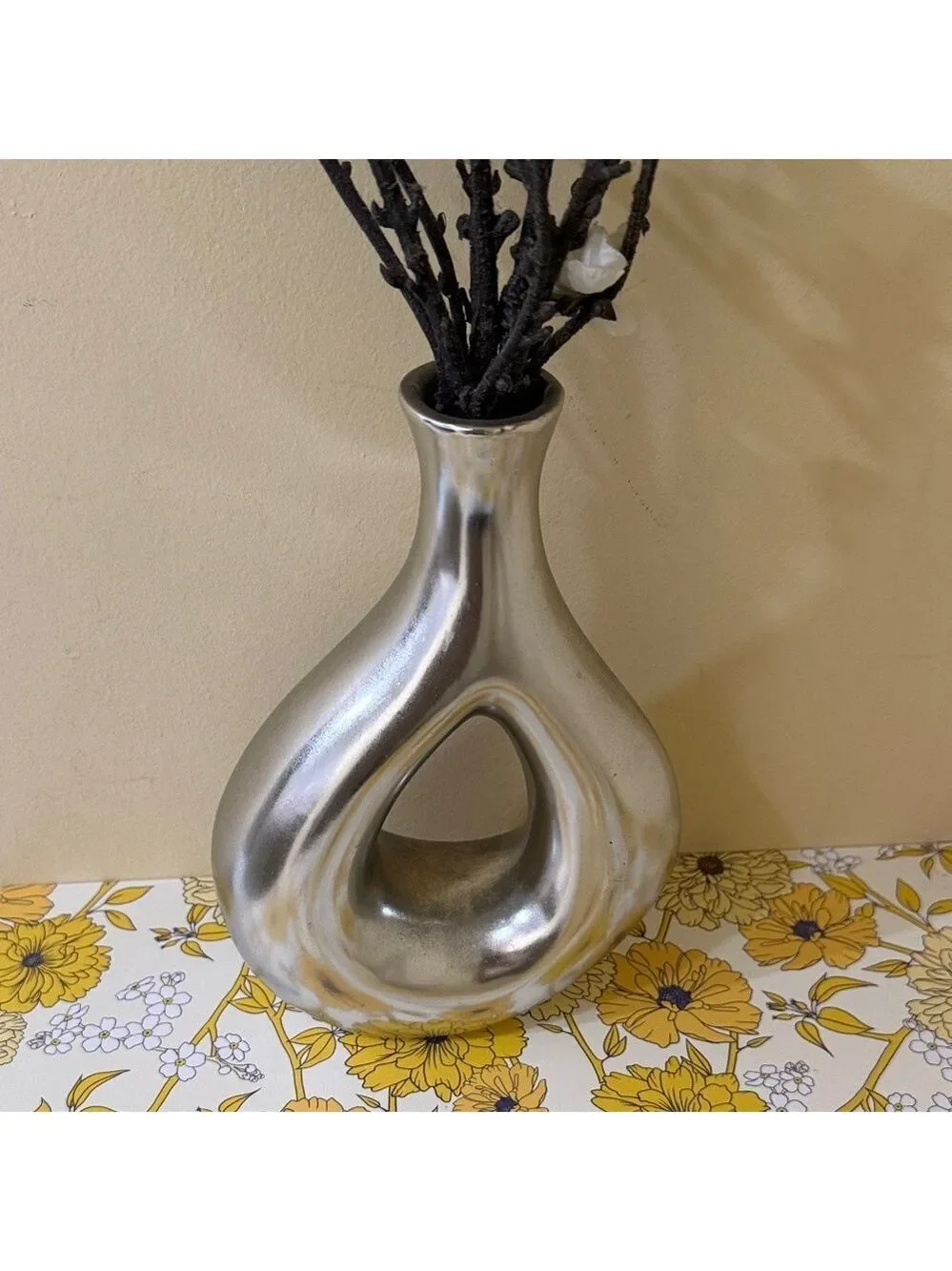Modern Silver Vase White Floral Design | Cherry Blossoms in Silver Vase